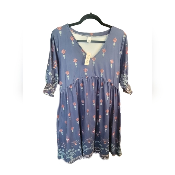 Pink Daisy Floral Blue Dress - Picture 1 of 8